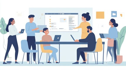 A diverse group of staff members in a tech-savvy coworking