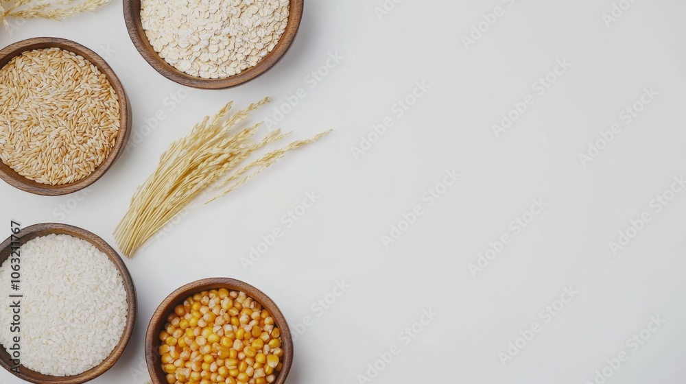 Poster various grains including oats, rice, and corn are arranged in bowls on a minimalistic white backgrou