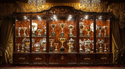 luxurious trophy cabinet displayed in an opulent room. The cabinet is made from polished mahogany, with glass doors that reveal a stunning array of trophies and awards