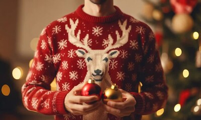 man in knitted christmas sweater with deer motif female fashion