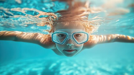 Naklejka premium Captivating underwater closeup shot of a child wearing swim goggles, exploring the clear blue pool water. The ripples above add a dynamic effect to this vibrant and playful summer