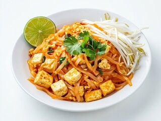 Pad Thai stir-fried with eggs, tofu, and bean sprouts, served with a garnish of cilantro and a lime wedge Isolated on white background