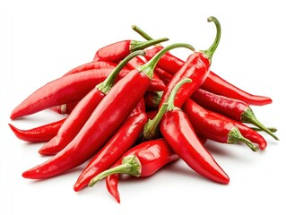 Pile of red chili peppers scattered, showing their long, slender shapes and bright color Isolated on white background