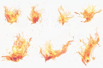 Fototapeta premium Set of illustrated flames in diverse shapes and intensities, isolated against white background. Ideal for themes of fire elements, heat, and dynamic visuals in design projects.