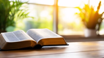 Open Bible on a Table with Natural Light