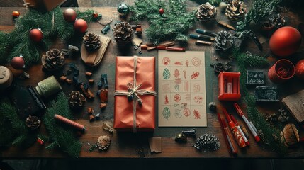 Designing custom Christmas gift wrap with stamps, markers, and festive patterns, spread out on a crafting table. 4K hyperrealistic photo.