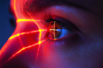 A person using a high-tech retinal scanner, with detailed close-up of the eye and laser grid mapping it for security verification.