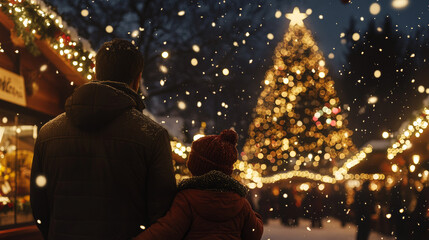 A father and child stand together in the snow, admiring a brightly lit Christmas tree in a festive outdoor holiday market.
