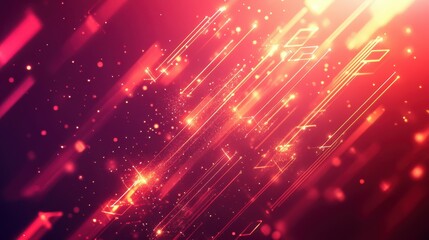 Obraz premium Digital bunch of glowing arrows up diagonally. Abstract boosting conception of high-speed Internet connection. Light low poly wireframe vector illustration on technology red background.