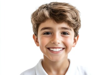Smiling young boy showing healthy white teeth looking directly at the camera with short hair neatly styled Isolated on white background