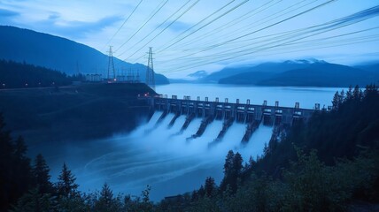 Fototapeta premium Hydroelectric dam releasing water at dusk, generating sustainable energy