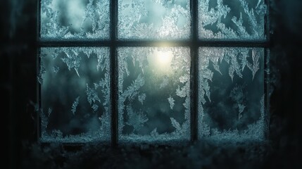 Frost-covered window with a foggy, diffused light shining through, creating a textured, ethereal effect. 4K hyperrealistic photo.