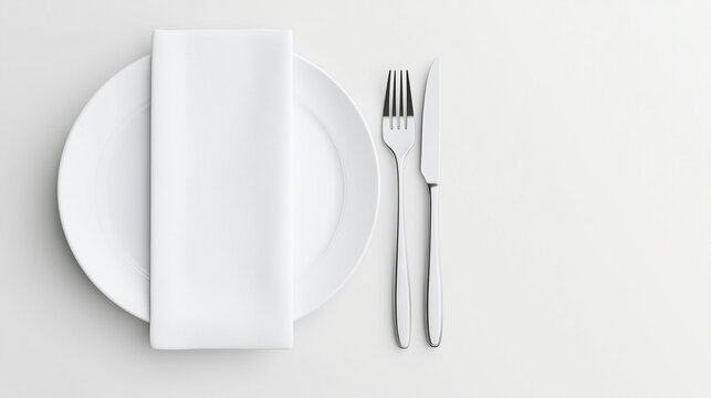 A white plate with a napkin and a fork and knife on it