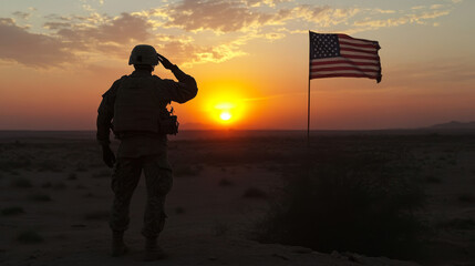 Silhouette of a soldier saluting the American flag at sunset in a desert landscape, symbolizing patriotism, duty, and respect.
