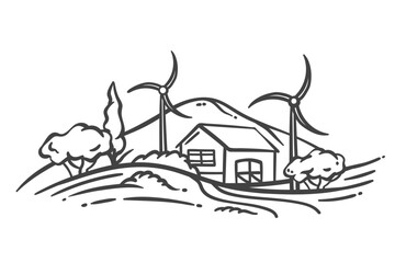 Fototapeta premium Farm house and wind turbines in village scene line icon. Outline hand drawn windmills and barn by hill. Renewable energy resource, eco innovation mascot, farm cottage icon vector illustration