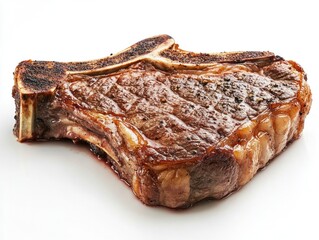 Thick T-bone steak with visible char marks and a slightly caramelized crust, revealing tender meat near the bone Isolated on white background