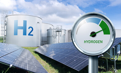 Hydrogen factory with energy storage concept. Green hydrogen production from renewable energy...