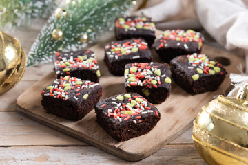 Christmas brownie on wooden table