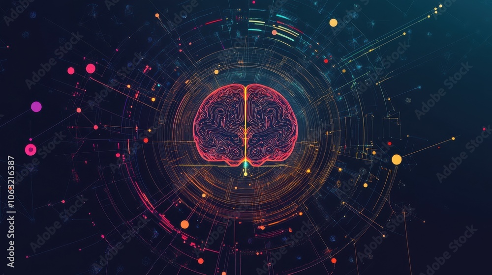 Aufkleber an abstract composition of geometric shapes and lines, with a central ai brain symbolizing the compl