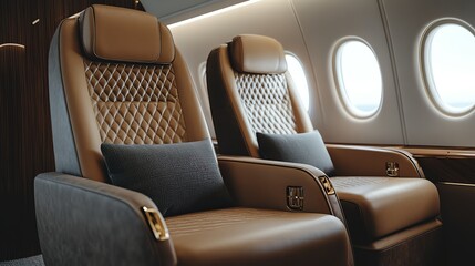 Empty rows of brown leather airplane seats with overhead compartments.