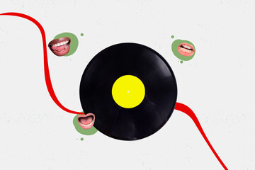 Composite trend artwork sketch image photo collage of anonymous mouth lips talk listen music vinyl recorder party copyspace discotheque