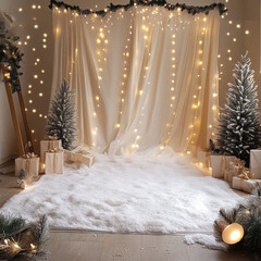 cozy Christmas photoshoot setup with twinkling lights, fake snow, and wrapped gifts creates festive atmosphere