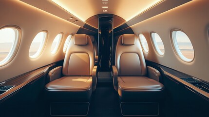 Fototapeta premium Empty rows of brown leather airplane seats with overhead compartments.