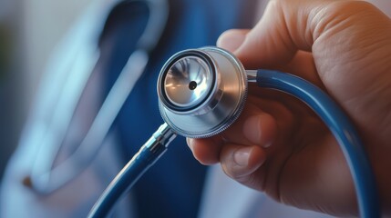 Closeup, hand and doctor in clinic with stethoscope, lungs assessment and monitoring health by space. Medical, cardiologist and tool to listening for heart sounds, rhythm and person in healthcare