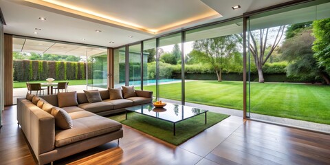 Fototapeta premium Modern Living Room with Large Windows and Garden View, Contemporary Interior Design, Spacious Home, Interior Design, Garden View, Large Windows