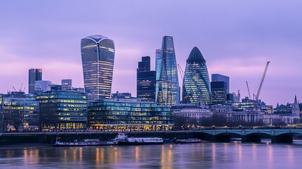 The London skyline at dusk with a river in the foreground.