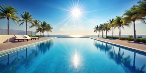 Fototapeta premium Palm Tree Reflections in a Pool by the Sea, pool, ocean, summer