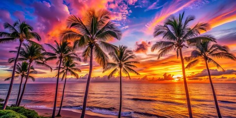 Obraz premium Palm Trees Silhouetted Against a Vibrant Sunset Over the Ocean, Digital Art, Tropical Paradise, Sunset, Beach, Palm Trees, Ocean