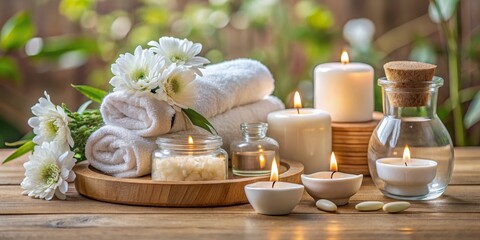 Obraz premium Relaxing Spa Setting with Candles and White Flowers, spa, candle, relaxation
