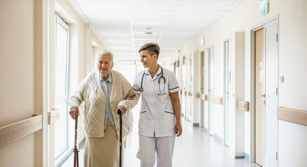 Fototapeta premium Elderly care with nurse support in a hospital corridor for health and wellness