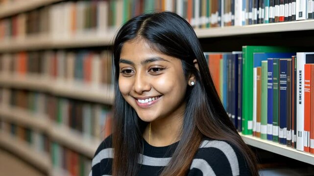 Student, smiling and studying in library with bookshelves in background for education, learning and knowledge. Young Indian woman and focused expression for academic pursuit and studying environment