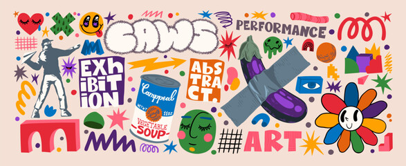 Art poster. Modern magazine paint graphic for music culture. Contemporary artwork exhibition. Creative future geometric for newspaper. Abstract letterings. Vector design background