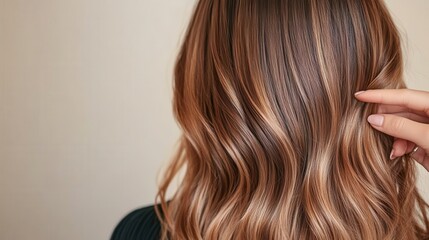 Obraz premium A close-up view of long, wavy hair with a rich blend of brown and blonde colors, showcasing a stylish, textured look.