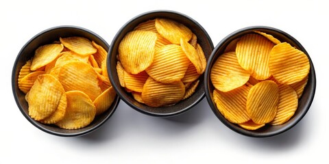 Three Black Bowls Filled with Golden Potato Chips, White Background, Crispy Texture, Snack Food, Potato Chips, Snacking ,