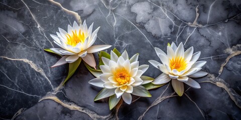 Obraz premium Three White Water Lilies on Black Marble, Close Up, Floral Still Life, Water Lily, Marble, Floral Photography