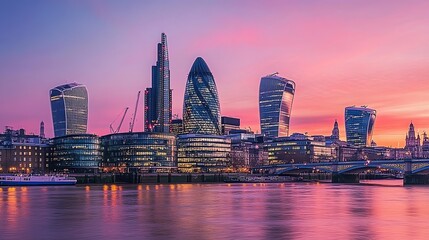 Fototapeta premium The London skyline at dusk with vibrant pink and orange sky.