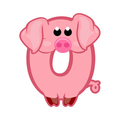Cartoon number 0 like pink pig, figure Zero. Cartoon of number with a animal concept. Calligraphy, lettering, typography for your Education cards or game