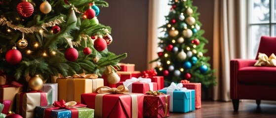 Festive christmas trees and colorful gift boxes in cozy holiday living room setting