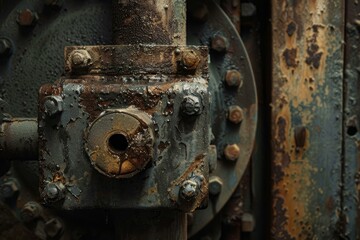 Rusty industrial valve leaking oil with old chipped paint showing signs of decay from years of use
