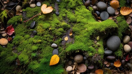 A serene forest landscape showcasing vibrant green moss covering the ground, fallen leaves, and tranquil fallen logs under a golden autumn light