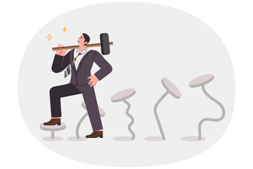 Business man gains professional skills through perseverance, holding sledgehammer standing on nails