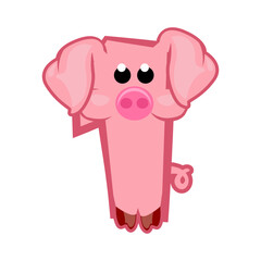Cartoon number 1 like pink pig, figure One. Cartoon of number with a animal concept. Calligraphy, lettering, typography for your Education cards or game