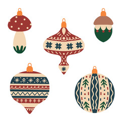 Collection of multi-colored Christmas balls. Christmas tree decor. Illustration for postcard, banner, poster. Toys made of green, yellow, red, blue, beige glass.