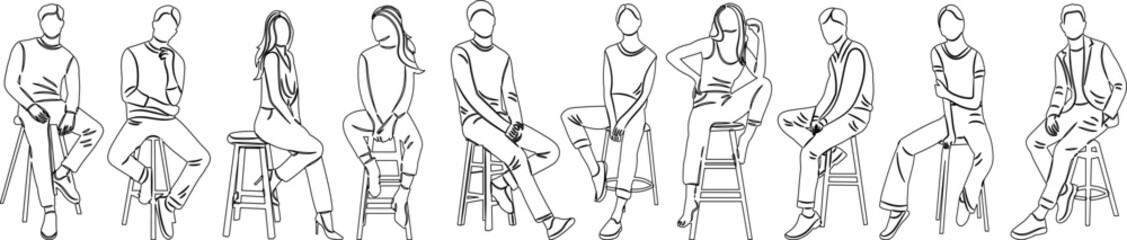 set of people sitting sketch, outline on white background, vector
