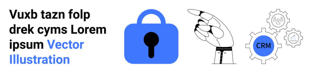 Technologies array depicting robotic hand pointing at blue security lock next to CRM gears. Ideal for cybersecurity, CRM marketing, tech development, security software, innovation workshops, business