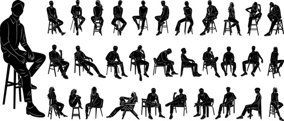 set of sitting people silhouette on white background, vector